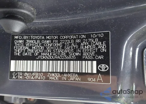 2010 Toyota Prius z USA, uszkodzony, nr VIN JTDKN3DU9A0236835